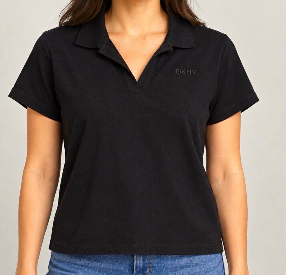 DKNY Sport Women Black Solid Collared Short Sleeve Polo Shirt Size M Regular
